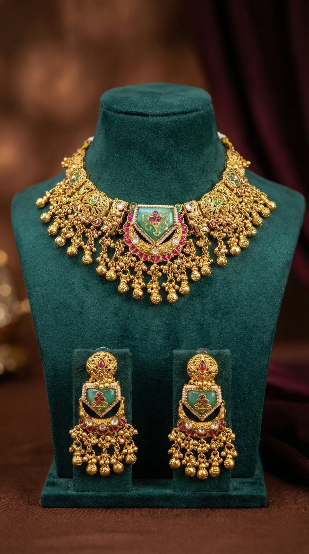 Alternate styling layout profile of Mahima Antique Gold Look Heritage Necklace Set