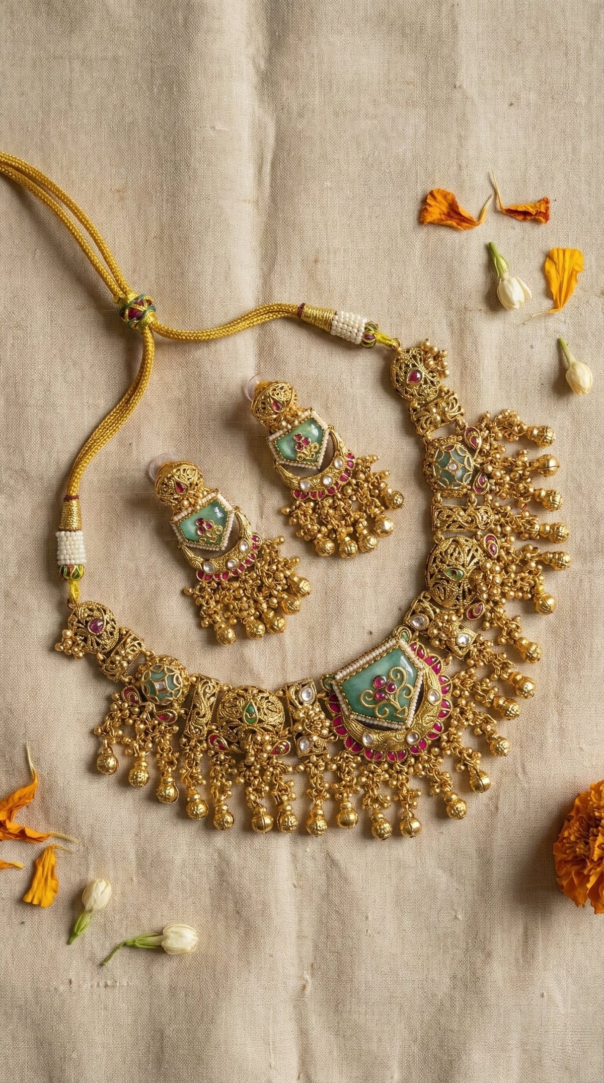 Main display view of the traditional Mahima Antique Gold Look Heritage Necklace Set