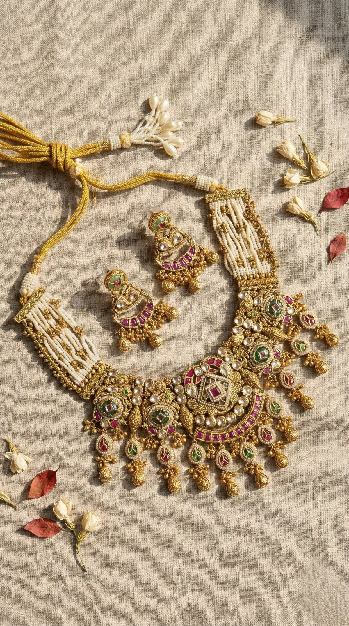 Main display view of the traditional Mahima Antique Gold Look Heritage Necklace Set