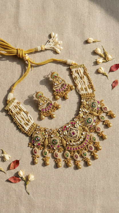 Main display view of the traditional Mahima Antique Gold Look Heritage Necklace Set