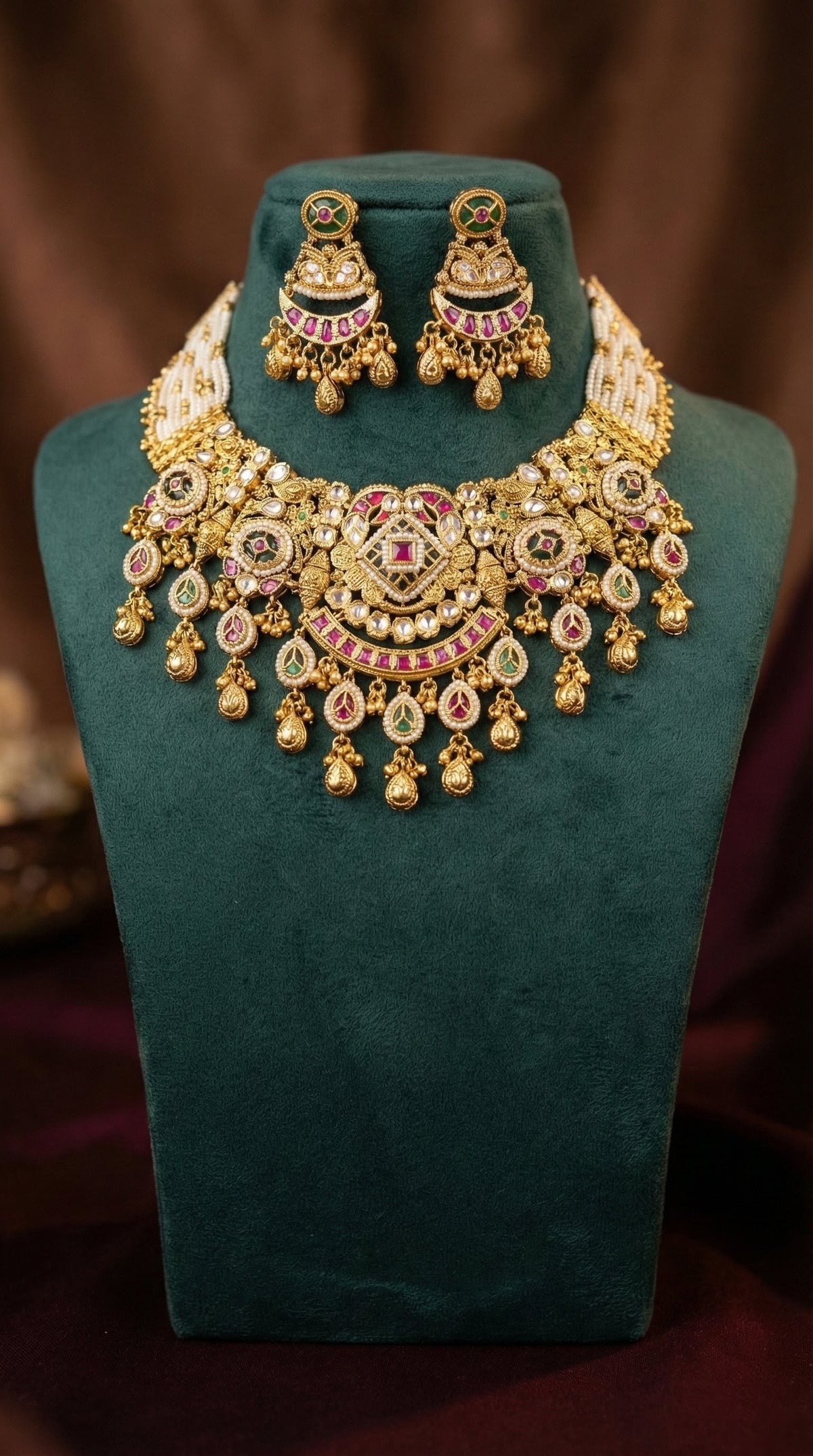 Detailed craftsmanship close up view of Mahima Antique Gold Look Heritage Necklace Set