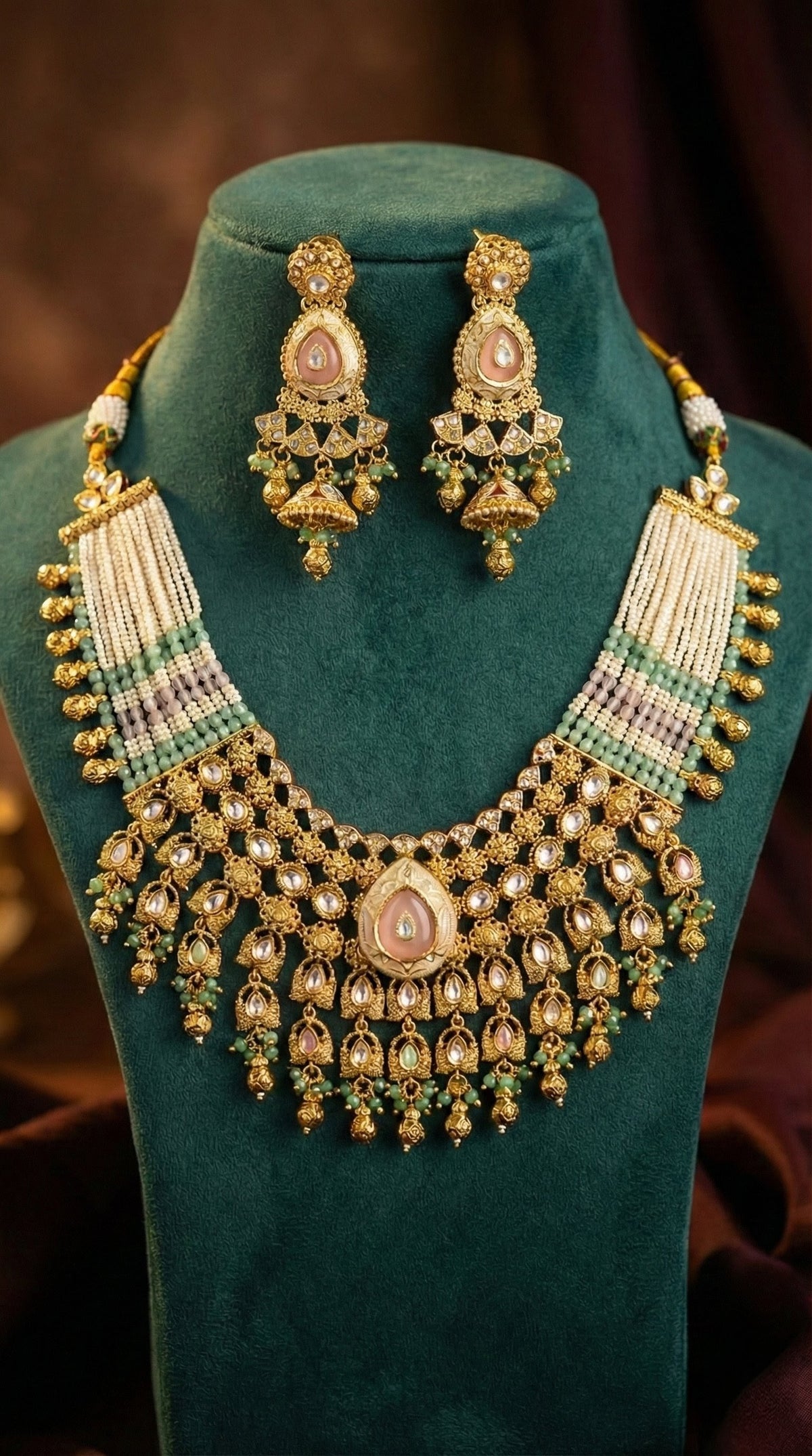 Detailed craftsmanship close up view of Kalindi Real Gold Look Heritage Necklace Set