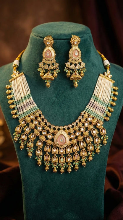 Detailed craftsmanship close up view of Kalindi Real Gold Look Heritage Necklace Set