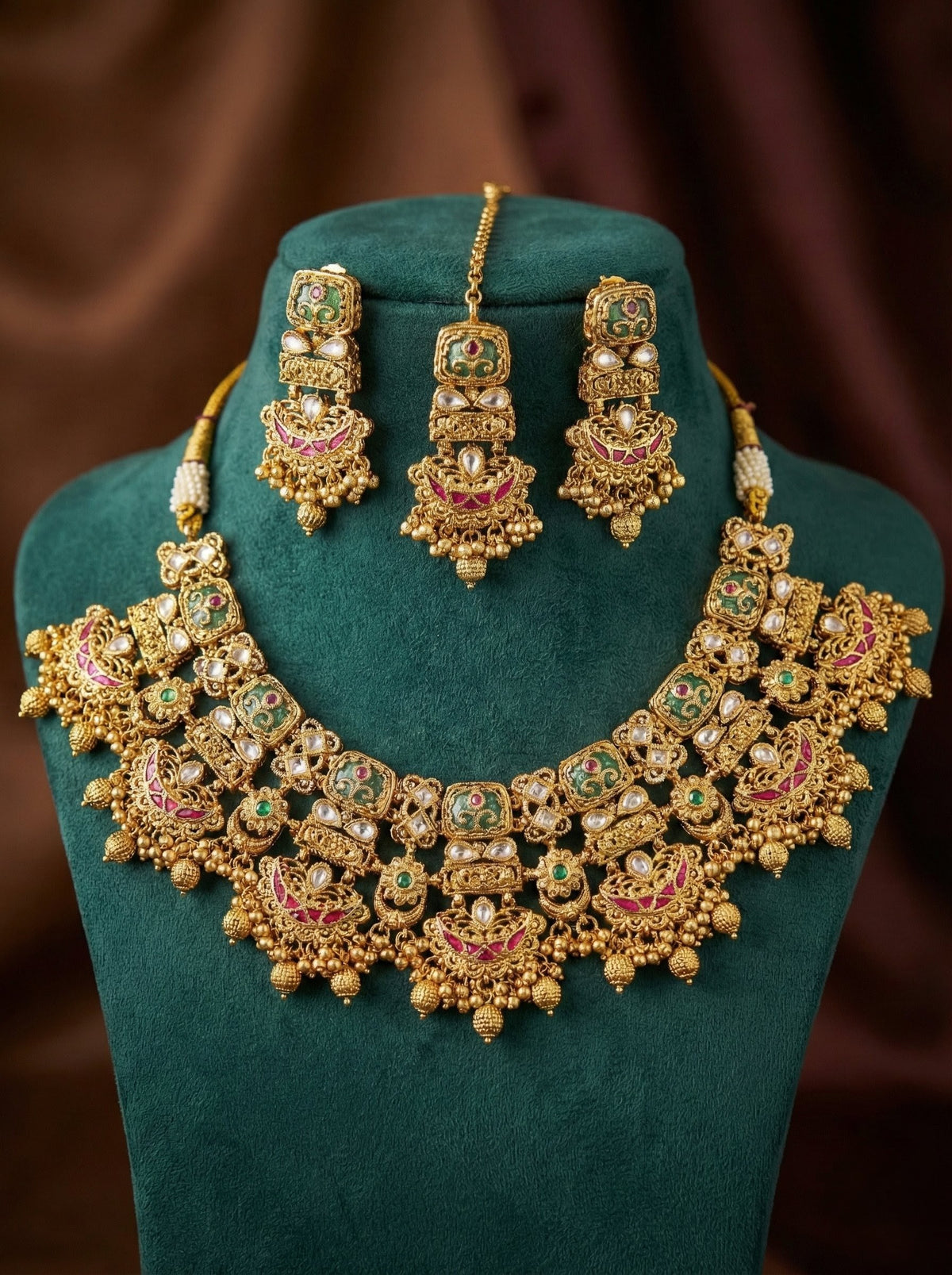 Detailed craftsmanship close up view of Latika Premium Gold Look Heritage Necklace Set