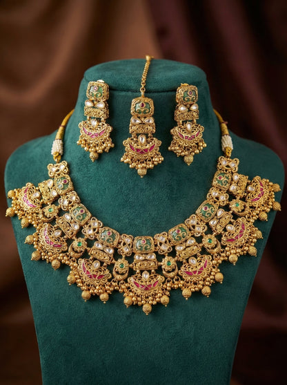 Detailed craftsmanship close up view of Latika Premium Gold Look Heritage Necklace Set