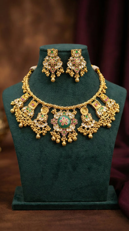 Detailed craftsmanship close up view of Swati Gold Look Heritage Hasli Set