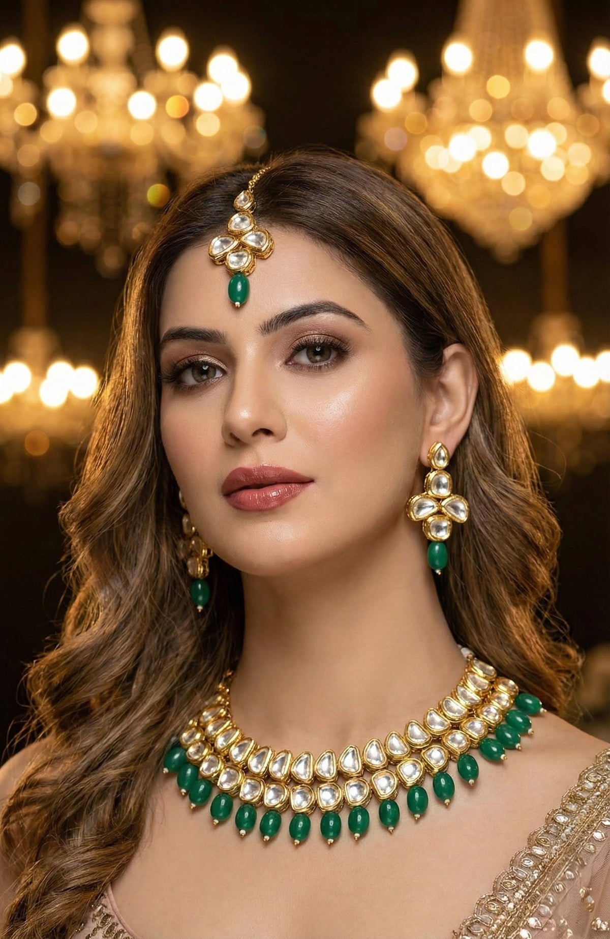 Alternate styling layout profile of Anika Premium Kundan Necklace with Maang Tika