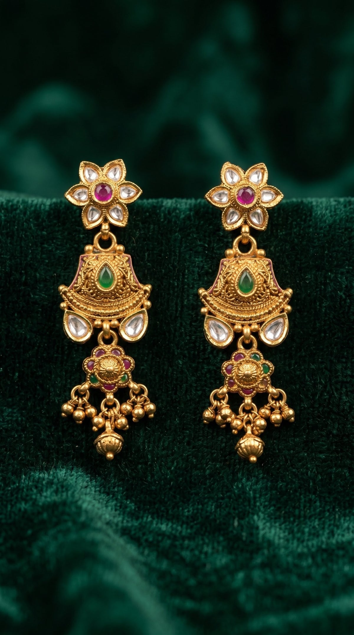 Matching antique gold Rajwadi earrings from Rutvi long necklace set